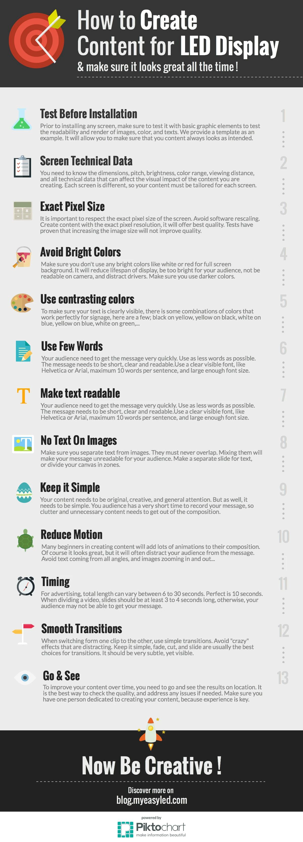 The original easyLED infographic: thirteen numbered rules for creating content for an LED display, from testing before installation through to going back to look at the result.