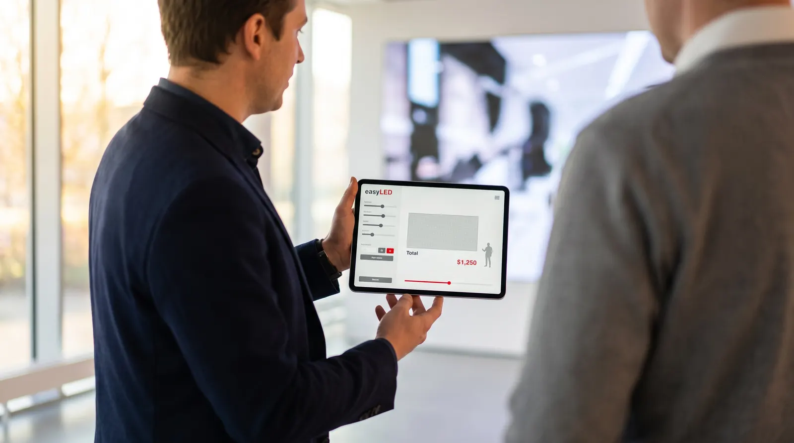 A salesperson showing a configured LED wall and its price on a tablet, in front of a client