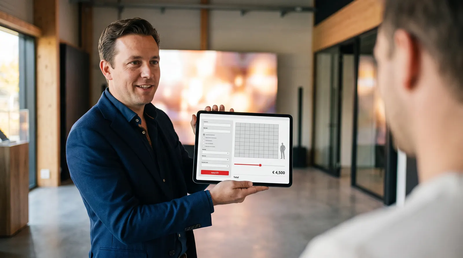 A salesperson showing a client a configured LED wall and its total on a tablet